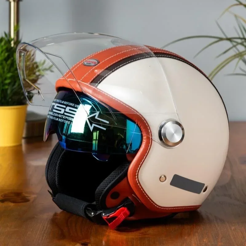 Vintage Open Face Retro Helmet - Vintage Deri Açık Yüz Kask Motosiklet
